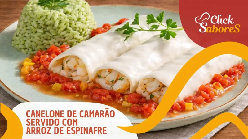 Canelone de Camarão Servido com Arroz de Espinafre