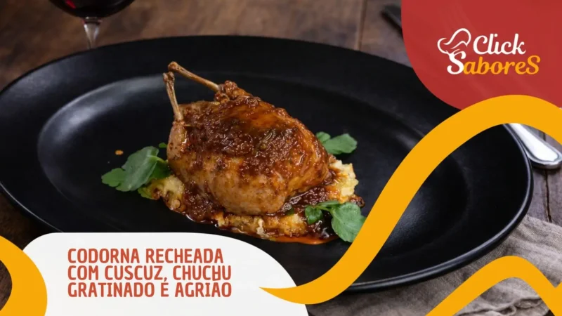 Codorna Recheada com Cuscuz, Chuchu Gratinado e Agrião